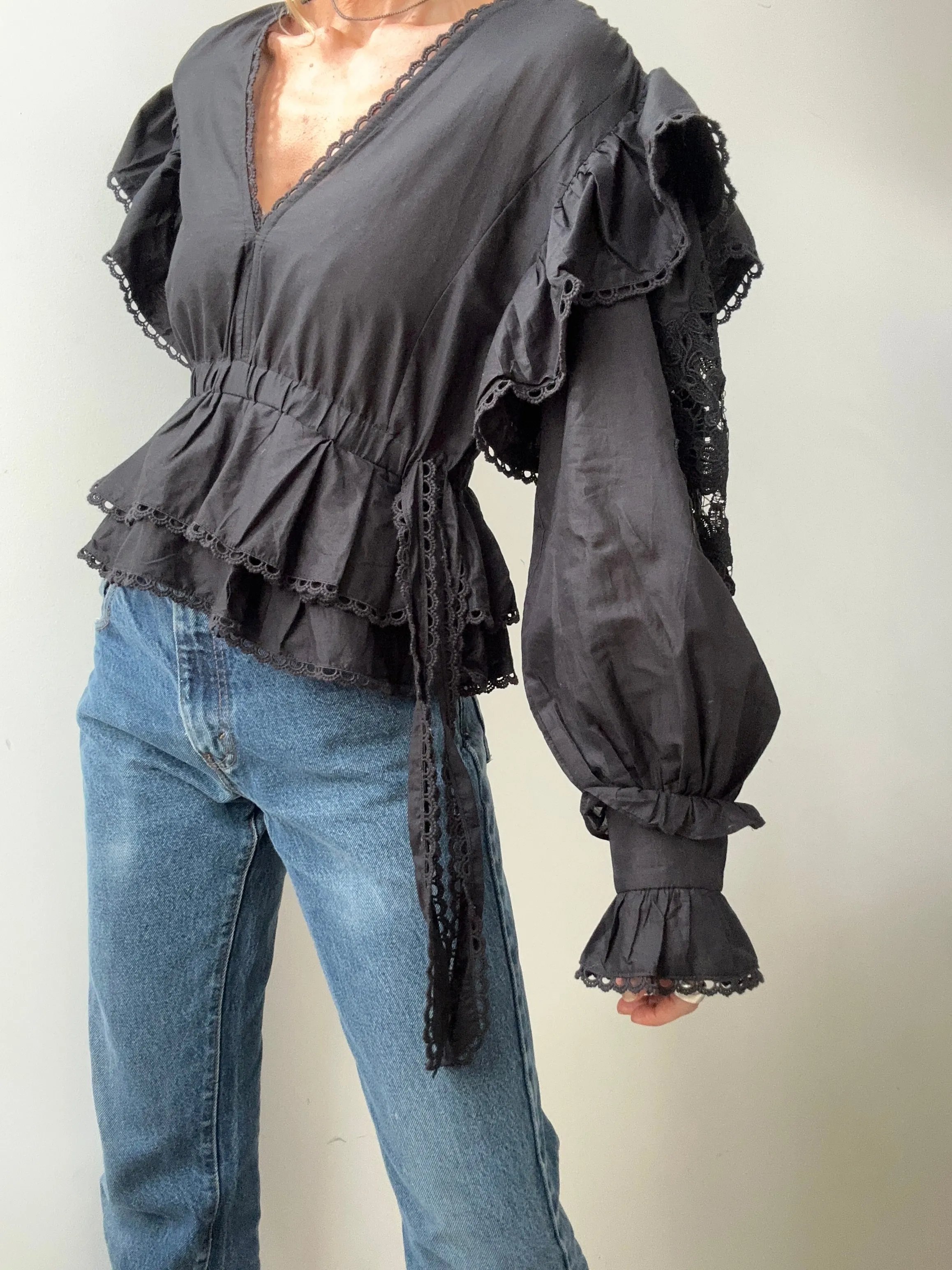 Farm Rio Embroidered Blouse Black