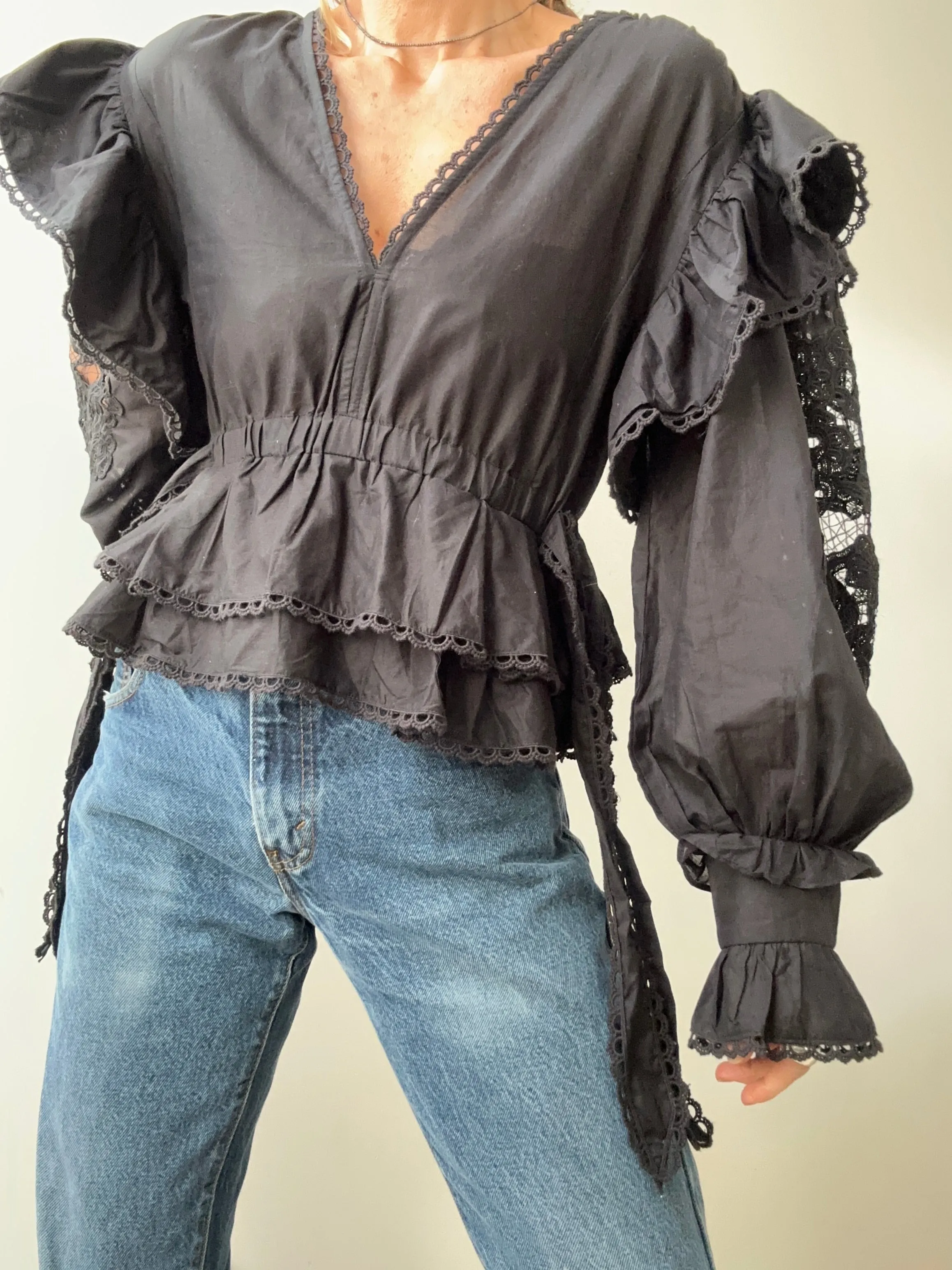Farm Rio Embroidered Blouse Black