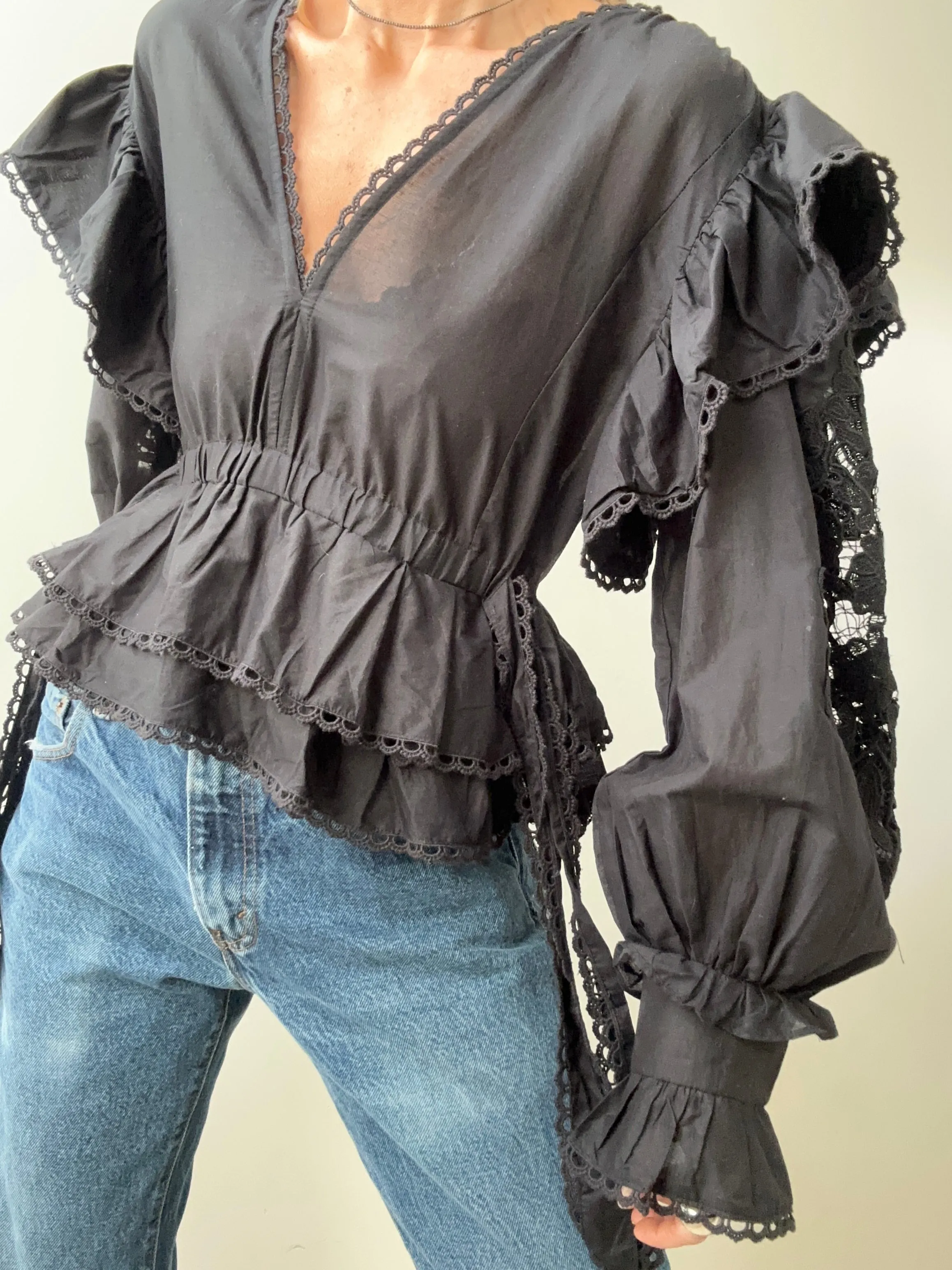 Farm Rio Embroidered Blouse Black