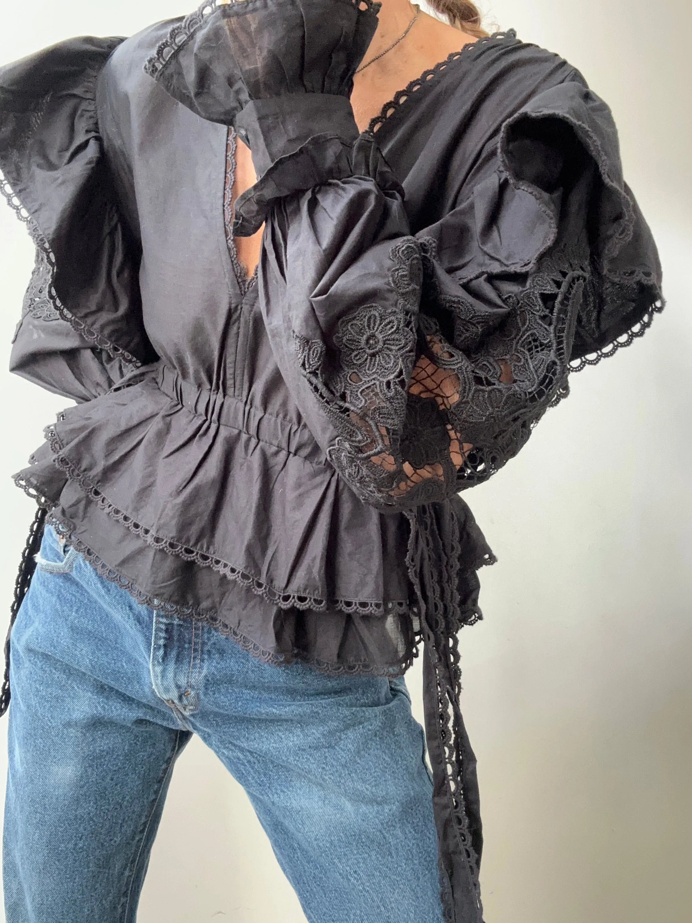 Farm Rio Embroidered Blouse Black