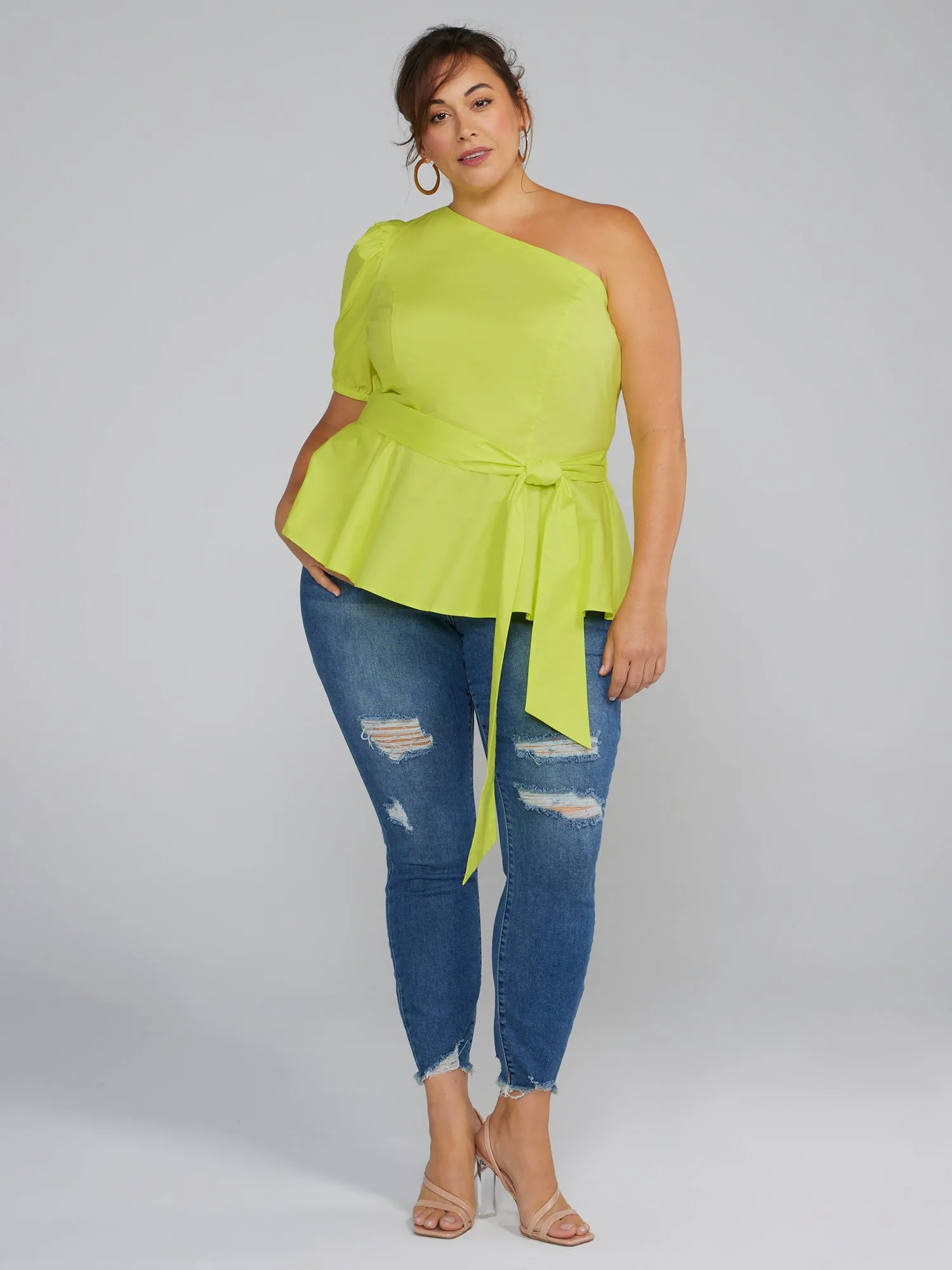 Fashion To Figure - One Shoulder Tie-Waist Peplum Shirt