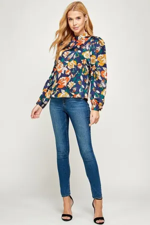 Floral Long Sleeve Top - Navy