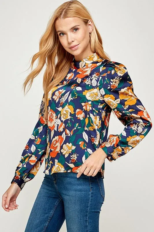 Floral Long Sleeve Top - Navy