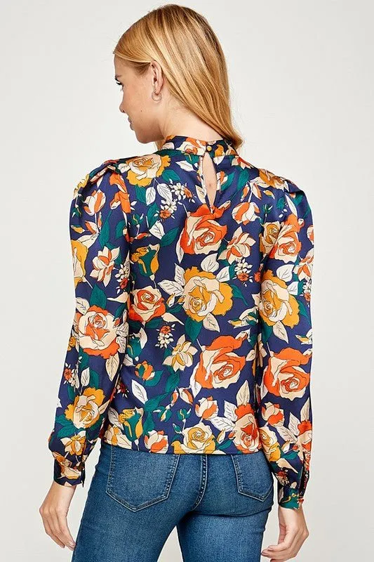 Floral Long Sleeve Top - Navy