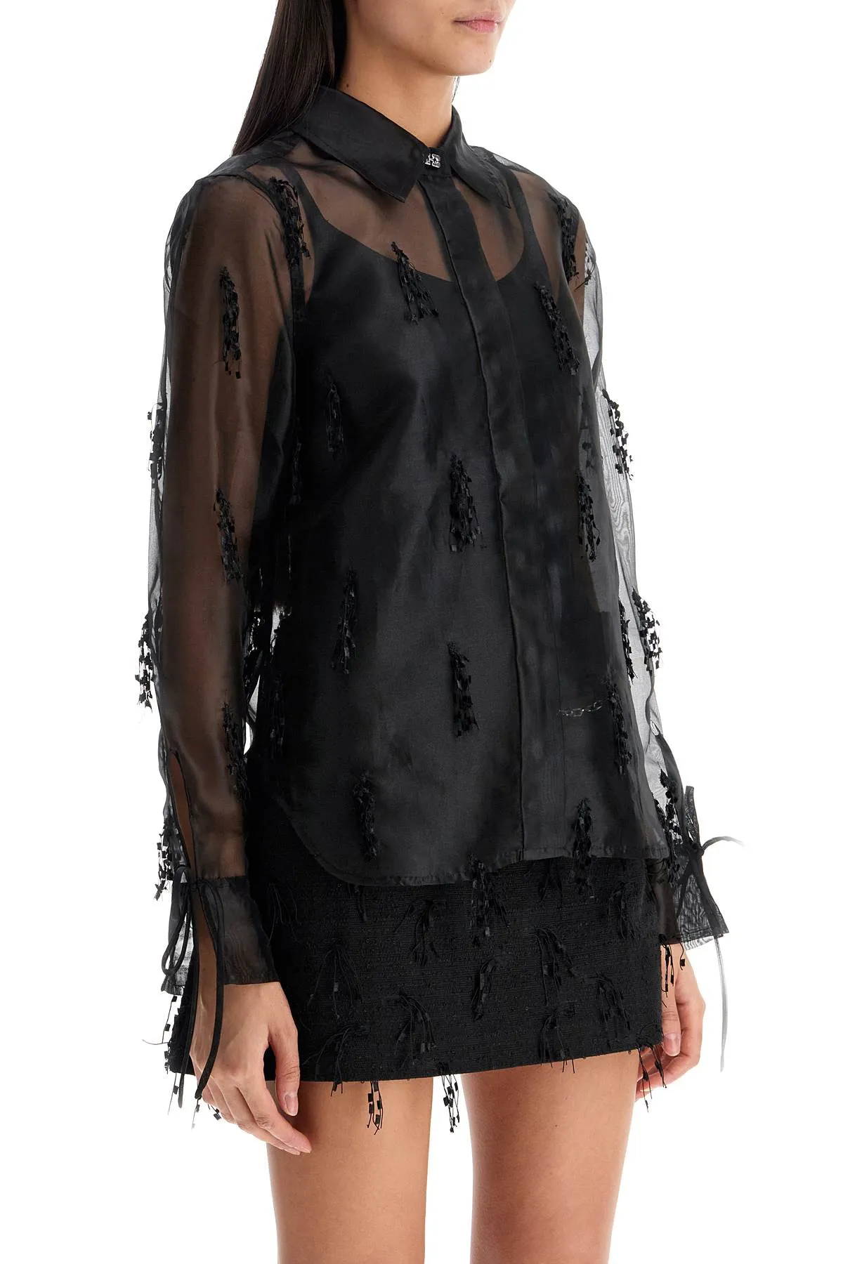 fringed organza shirt W0079 BLACK