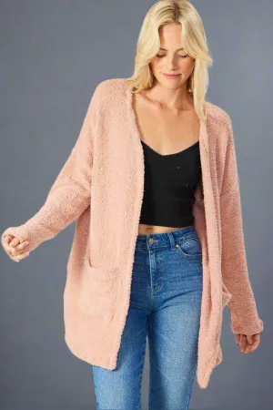 Fuzzy Sweater Open Front Cardigan With Pockets - Rose