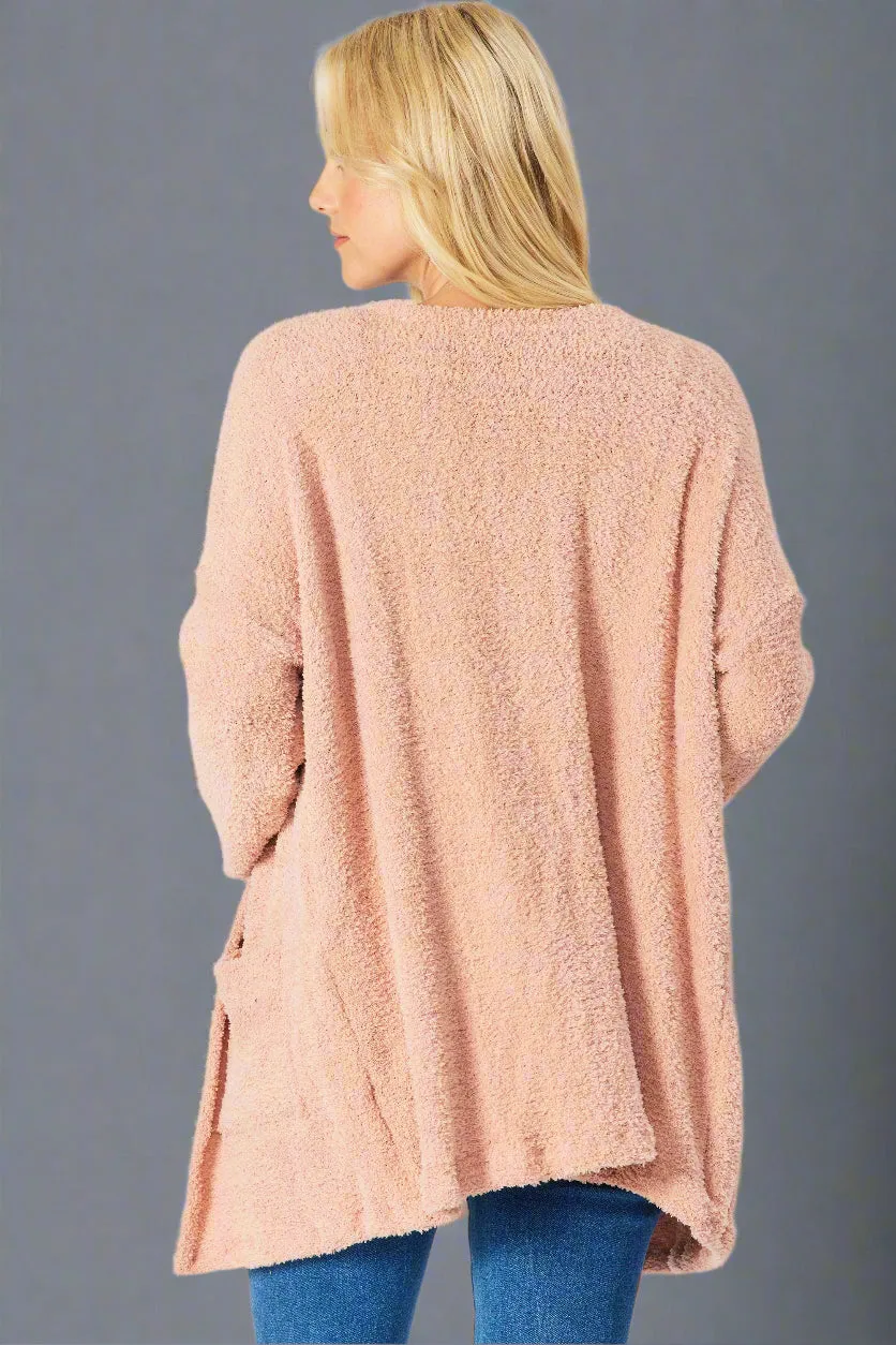 Fuzzy Sweater Open Front Cardigan With Pockets - Rose