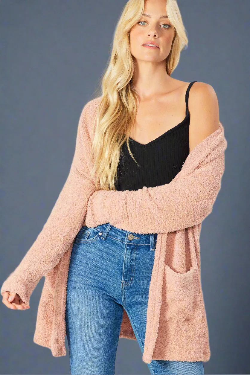 Fuzzy Sweater Open Front Cardigan With Pockets - Rose