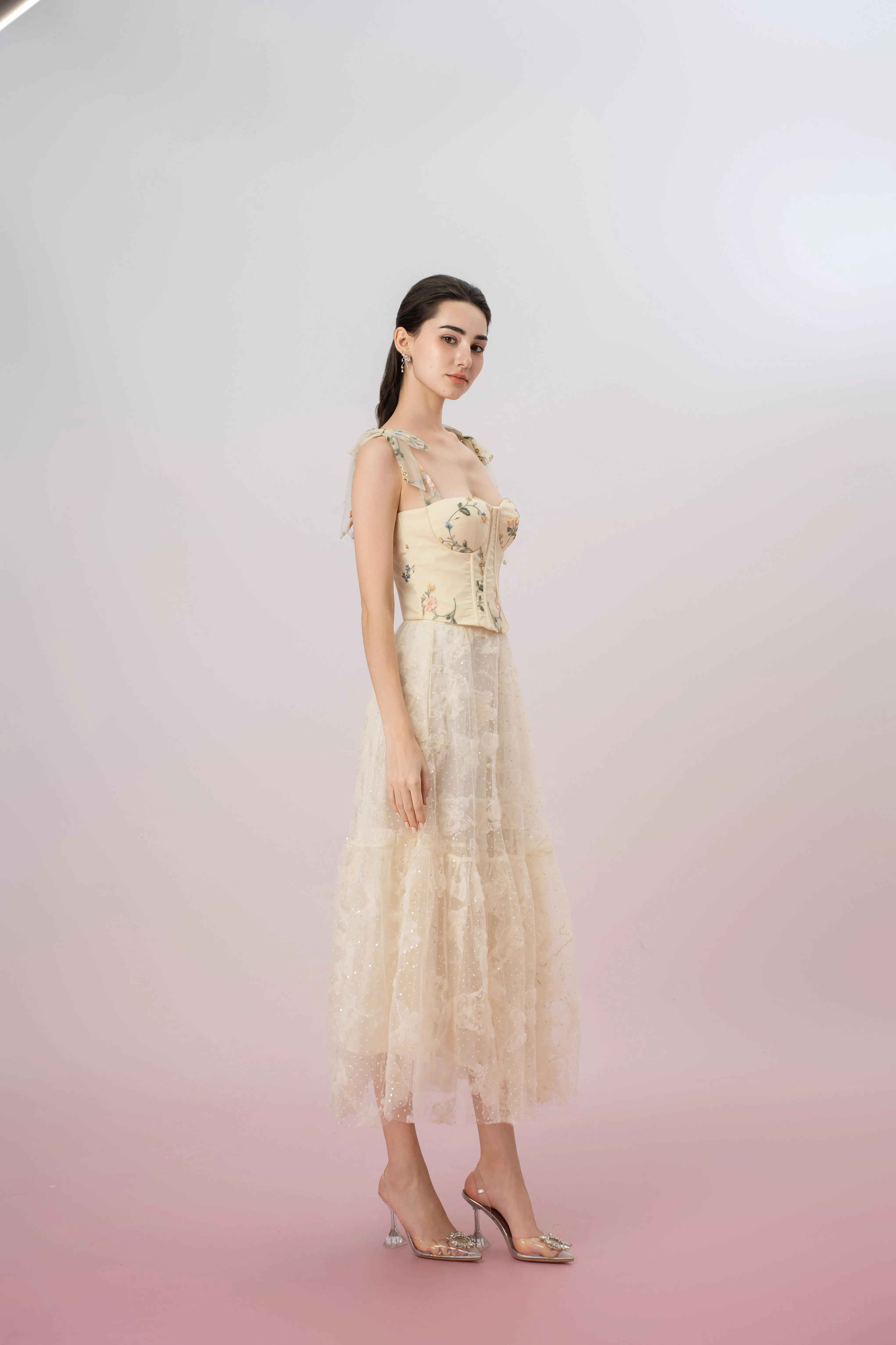 Grainne Light Yellow Flower Tulle Top