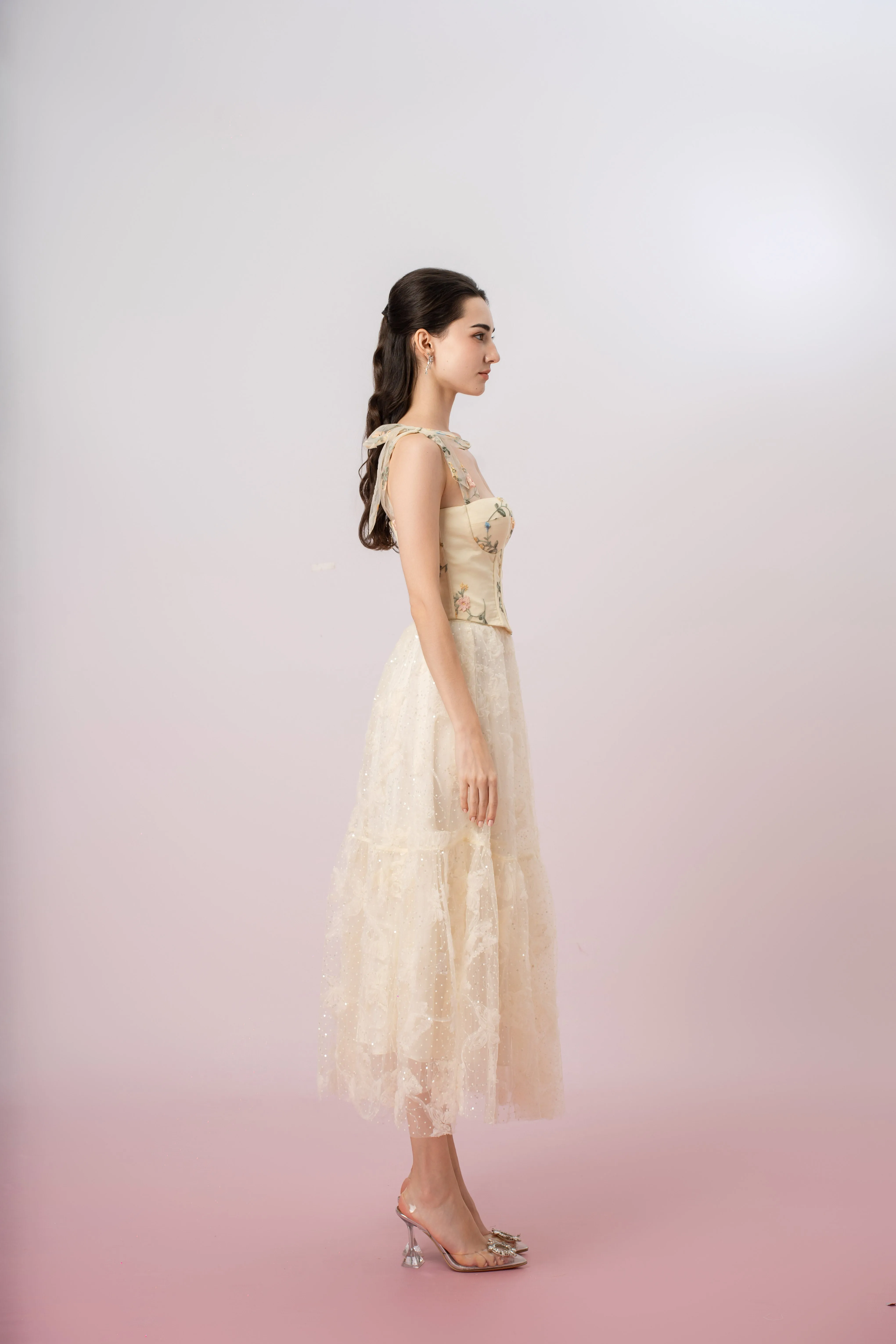Grainne Light Yellow Flower Tulle Top