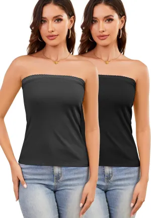 Lace Tube Tops for Women Cotton Ribbed Bandeau Sexy Strapless Camisoles 2 Pieces