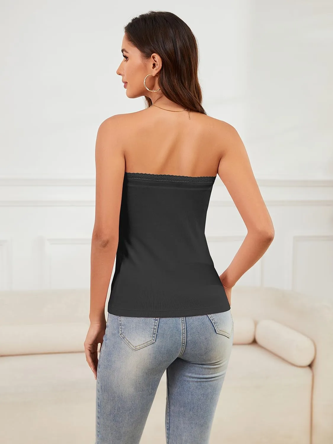 Lace Tube Tops for Women Cotton Ribbed Bandeau Sexy Strapless Camisoles 2 Pieces