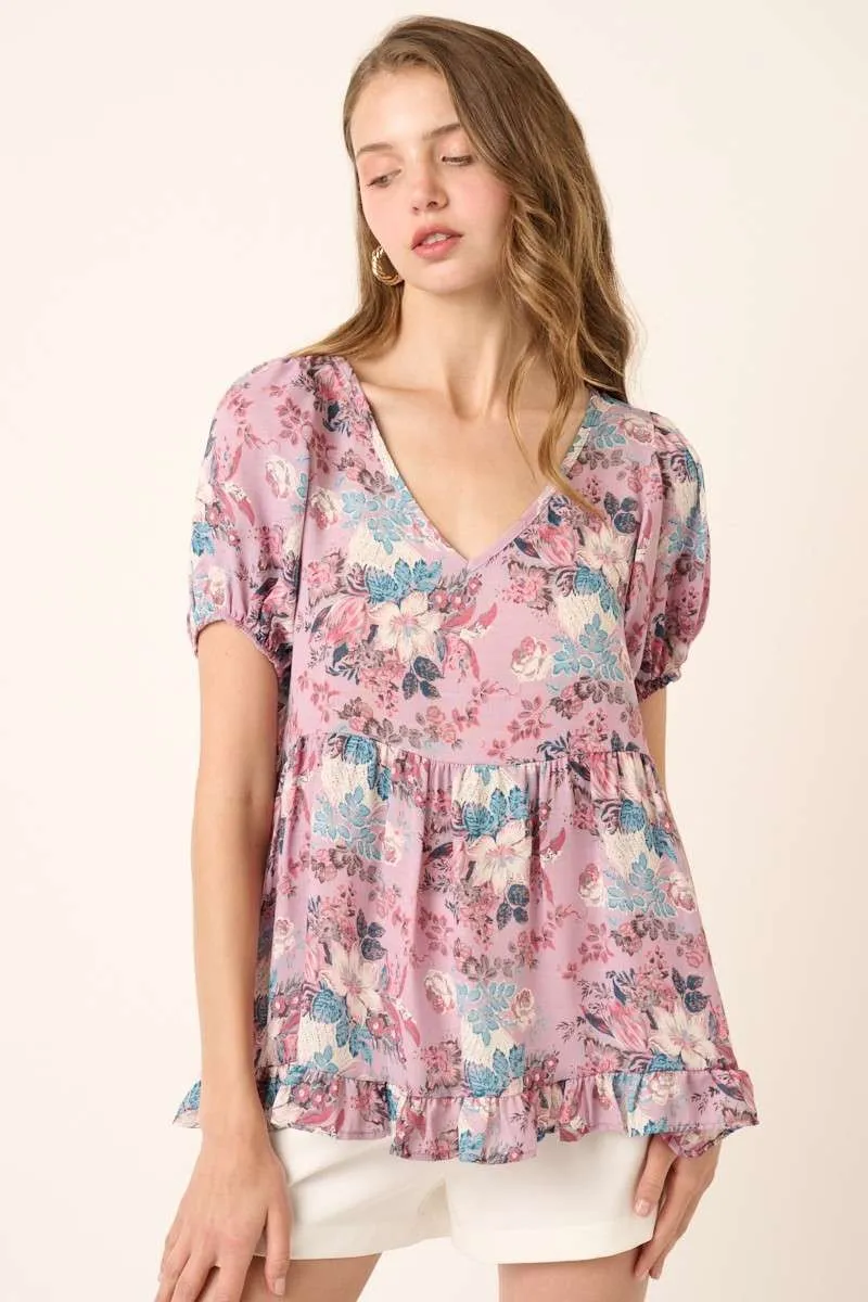 Lavender Flower Print Ruffle Blouse