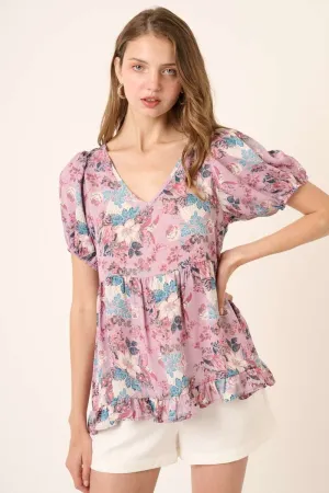 Lavender Flower Print Ruffle Blouse