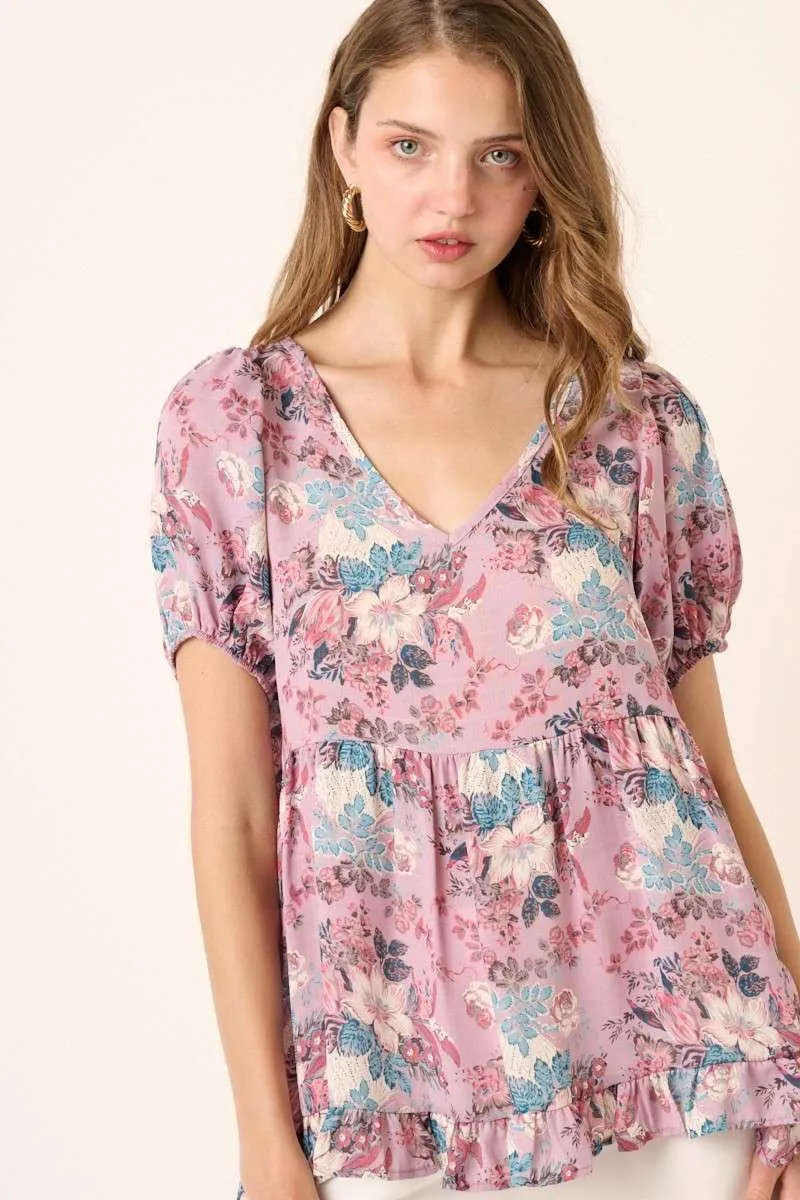 Lavender Flower Print Ruffle Blouse