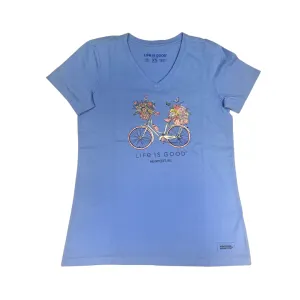 Life is Good. Women's Newport Bike Flower Basket Crusher Vee, Cornflower Blue