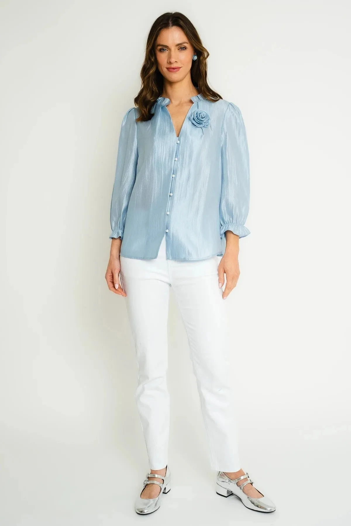 Long Sleeve Blouse with Flower Detail in Light Blue