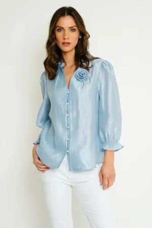 Long Sleeve Blouse with Flower Detail in Light Blue