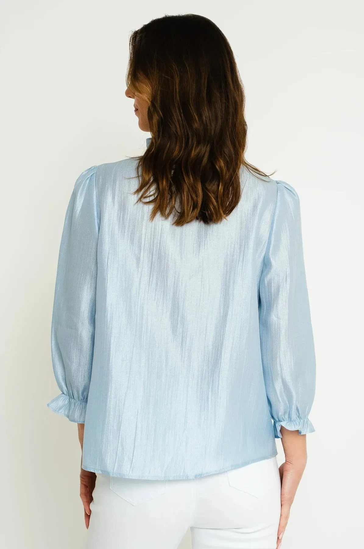 Long Sleeve Blouse with Flower Detail in Light Blue