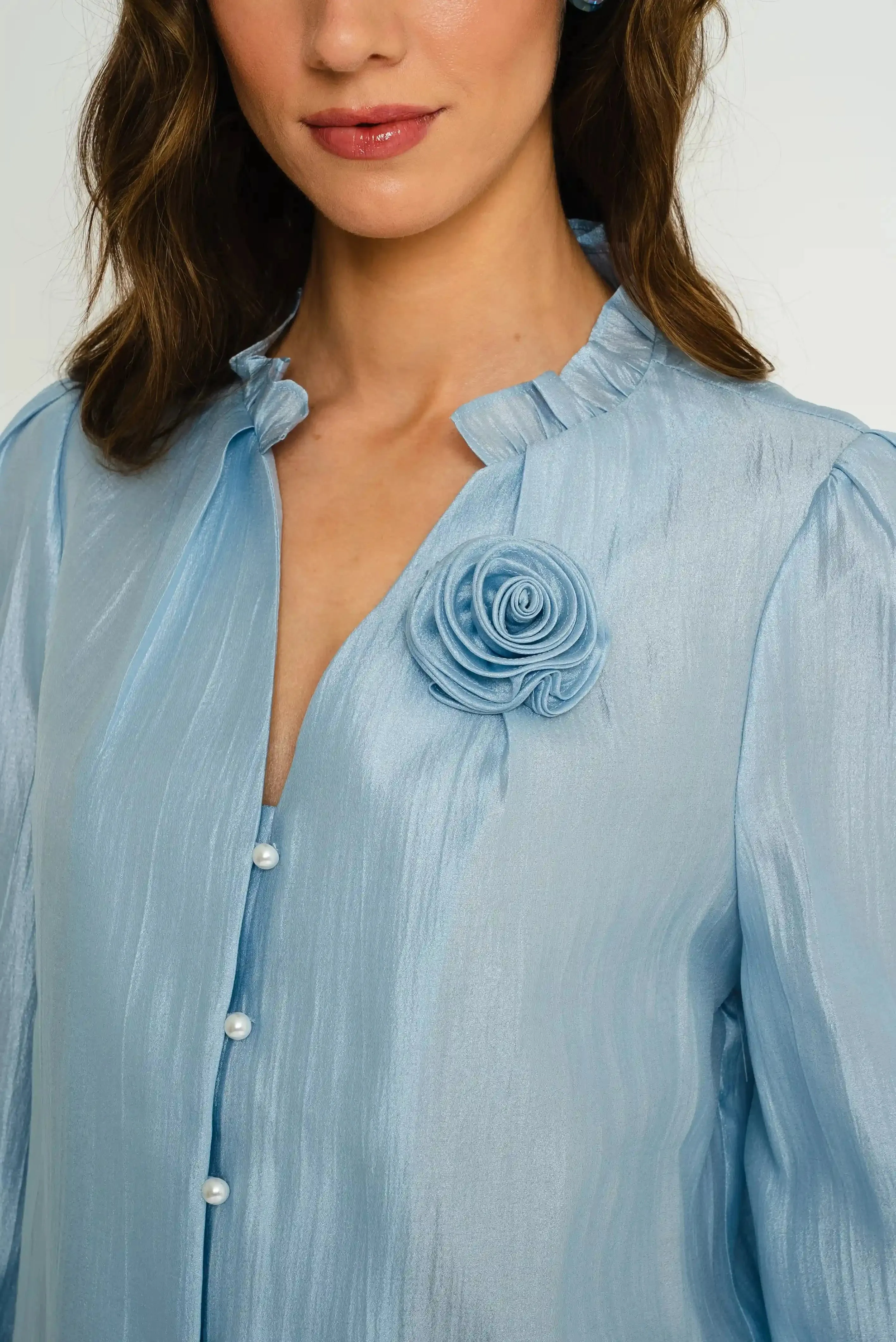 Long Sleeve Blouse with Flower Detail in Light Blue