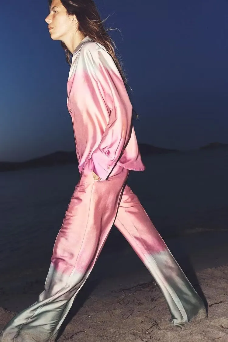 Long Sleeve Collared Tie Dye Printed Shirt High Waist Wide Leg Trousers