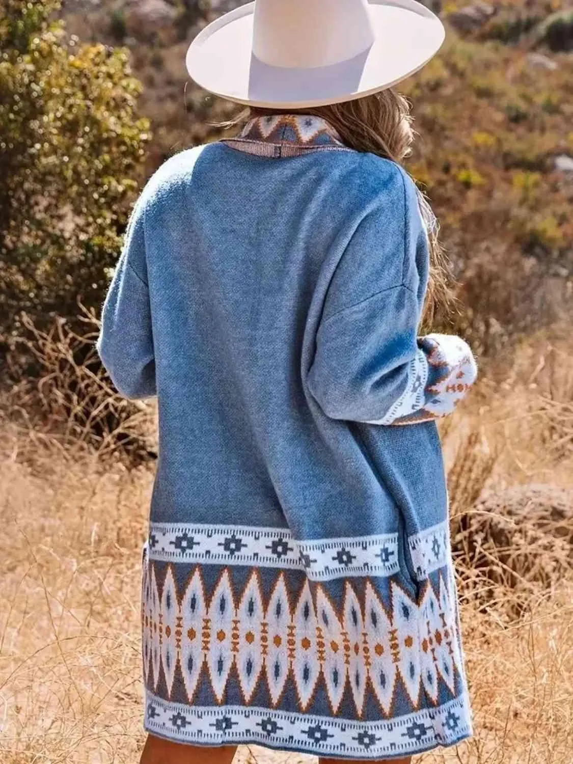 Mandy Plus Size Geometric Open Front Cardigan with Pockets