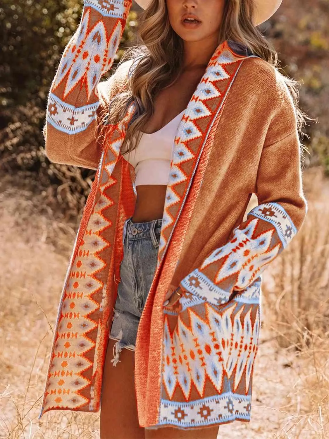 Mandy Plus Size Geometric Open Front Cardigan with Pockets