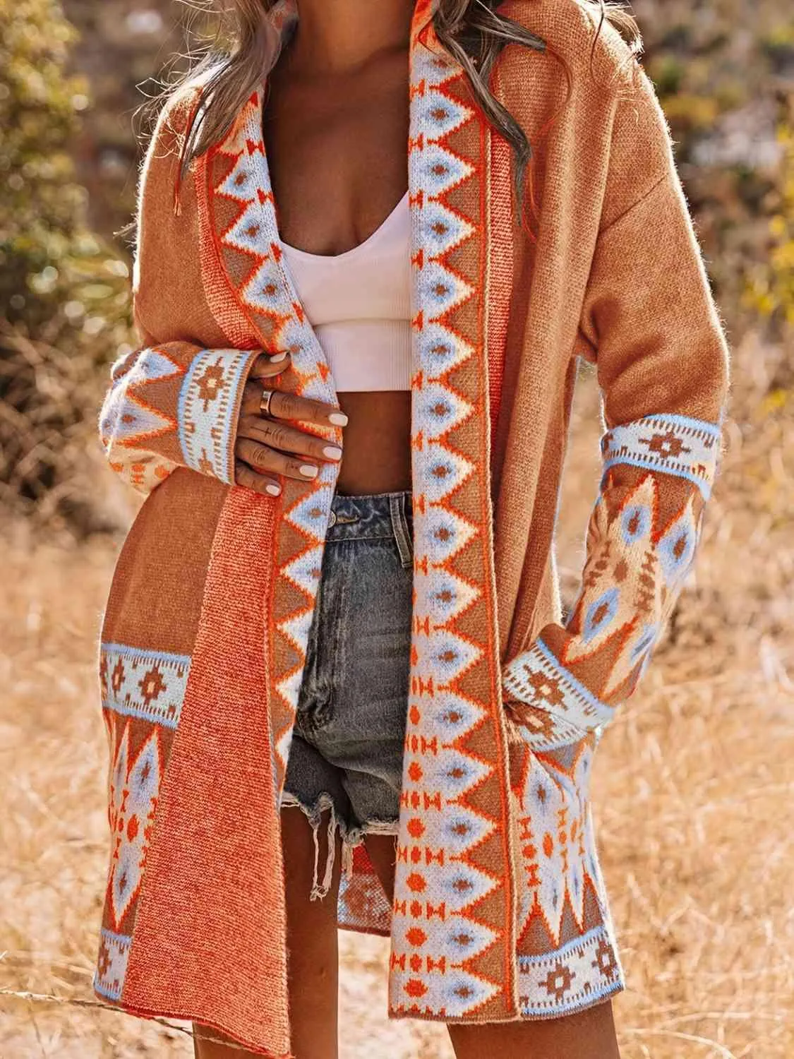 Mandy Plus Size Geometric Open Front Cardigan with Pockets