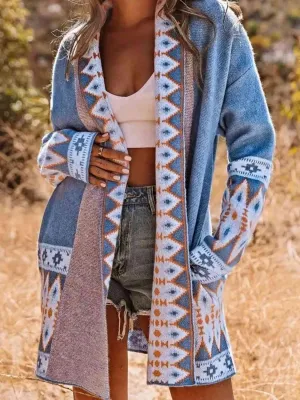 Mandy Plus Size Geometric Open Front Cardigan with Pockets