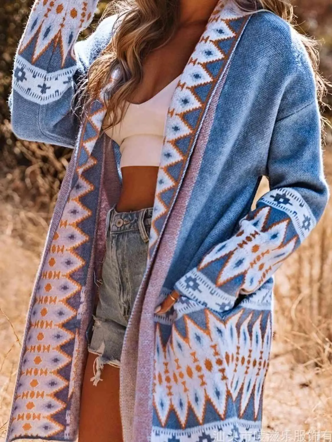 Mandy Plus Size Geometric Open Front Cardigan with Pockets