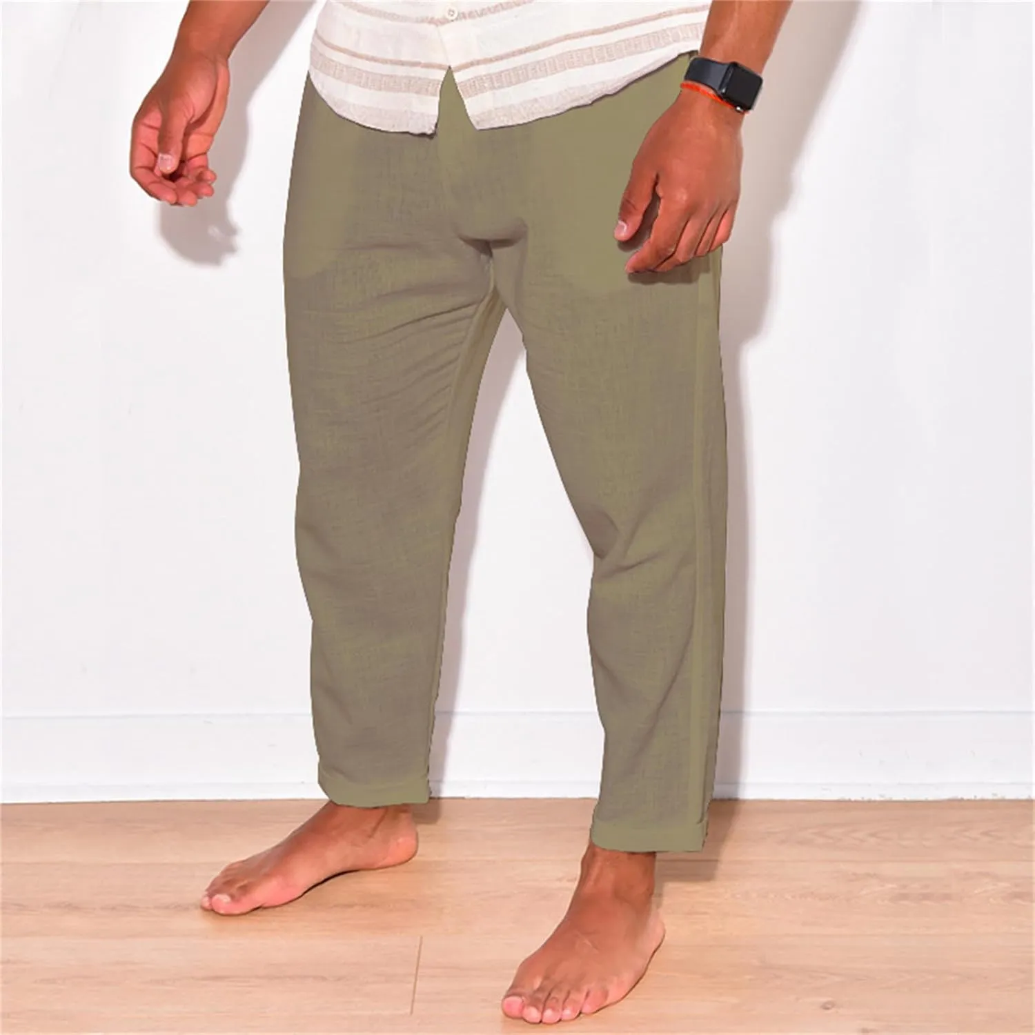 Mens Cotton Linen Casual Pants Drawstring Straight Elastic Waist Trousers Lightweight Slim Plaid Stretch Dress Pants