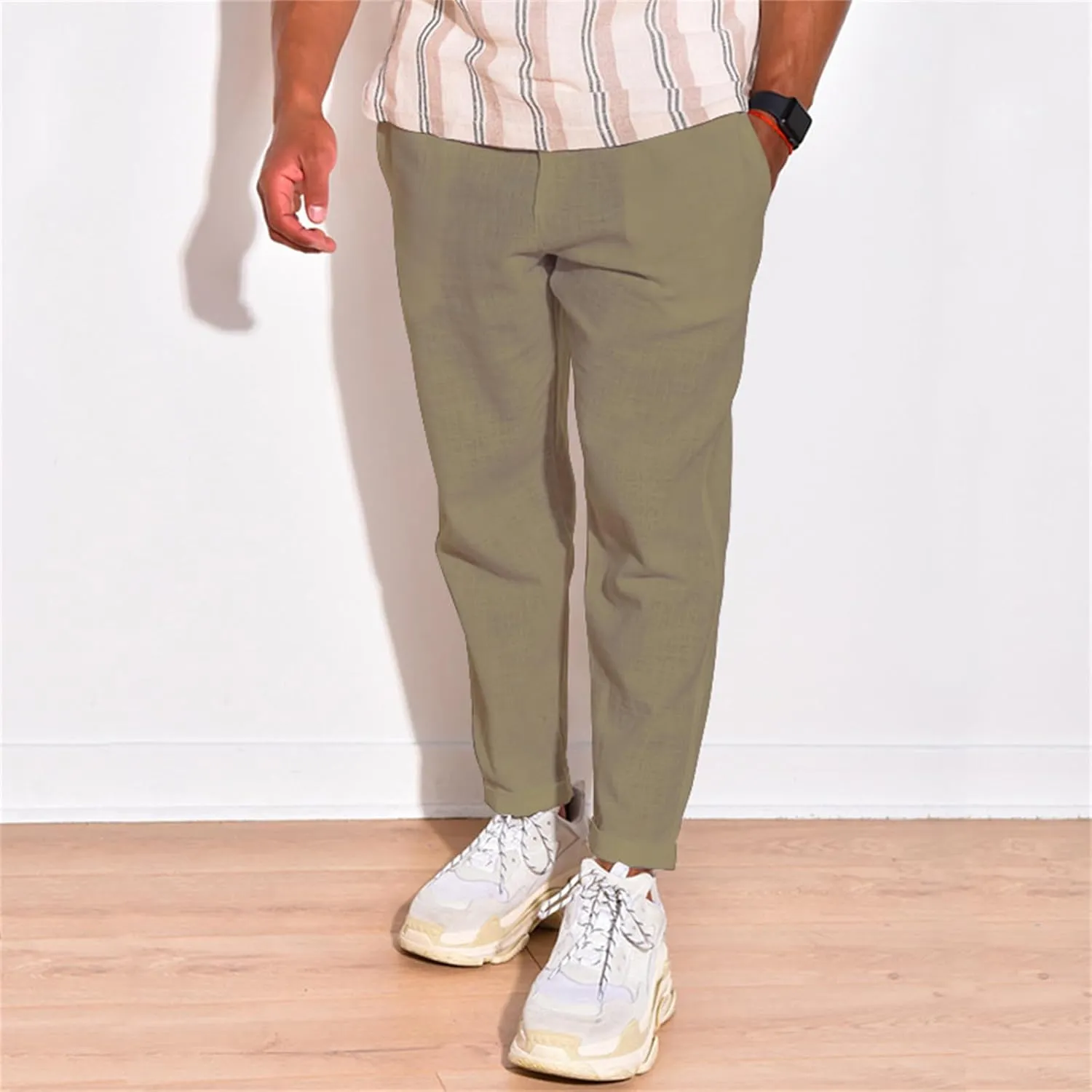 Mens Cotton Linen Casual Pants Drawstring Straight Elastic Waist Trousers Lightweight Slim Plaid Stretch Dress Pants