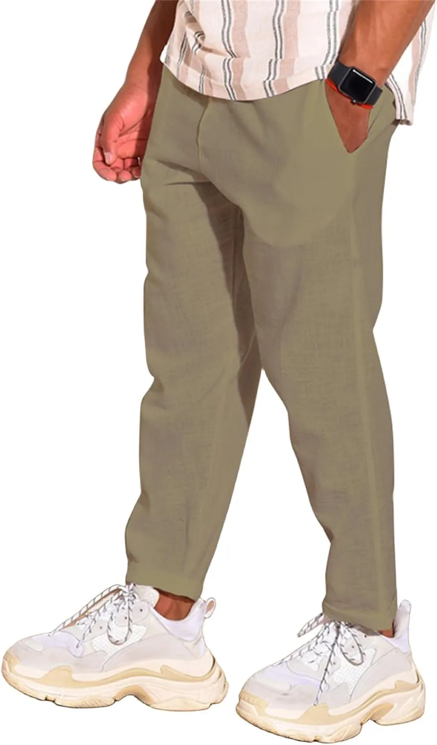 Mens Cotton Linen Casual Pants Drawstring Straight Elastic Waist Trousers Lightweight Slim Plaid Stretch Dress Pants