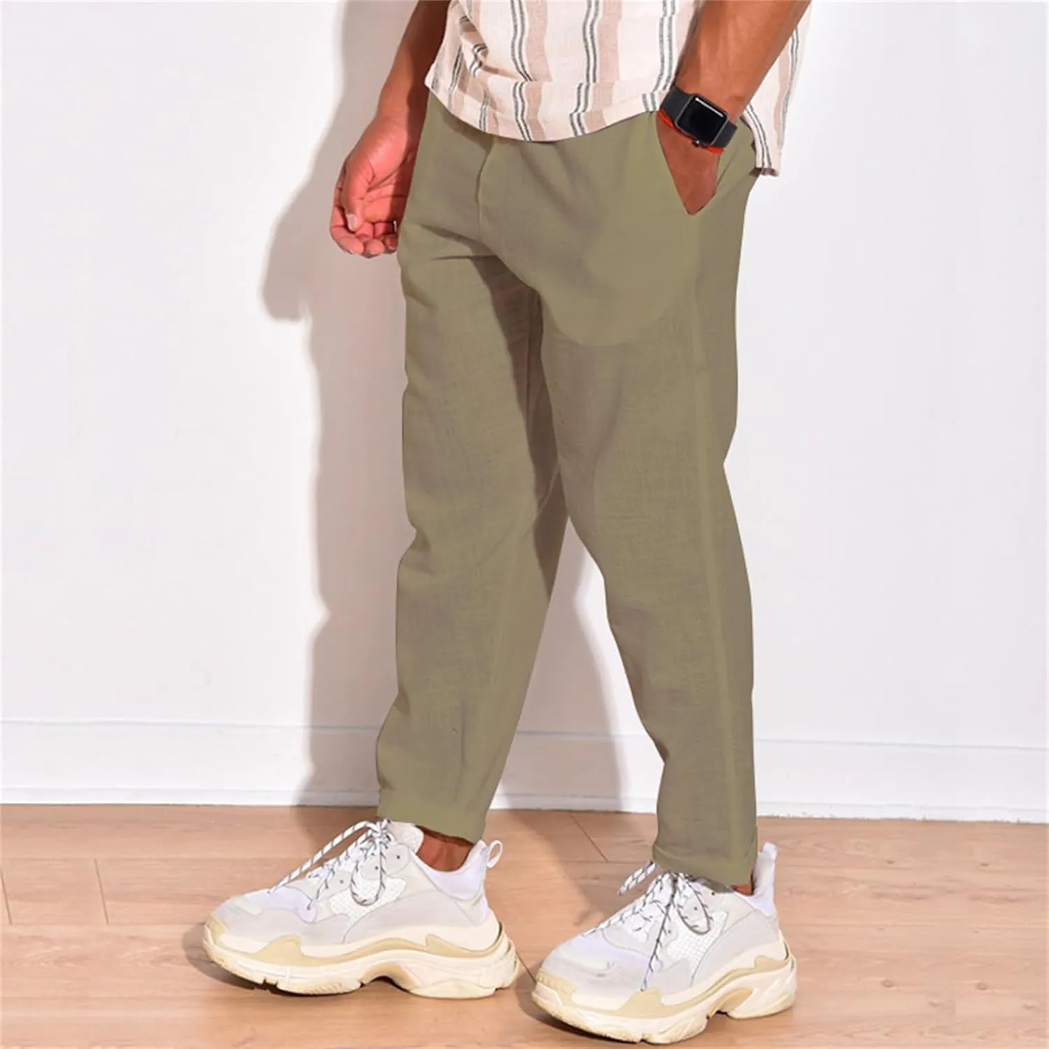 Mens Cotton Linen Casual Pants Drawstring Straight Elastic Waist Trousers Lightweight Slim Plaid Stretch Dress Pants