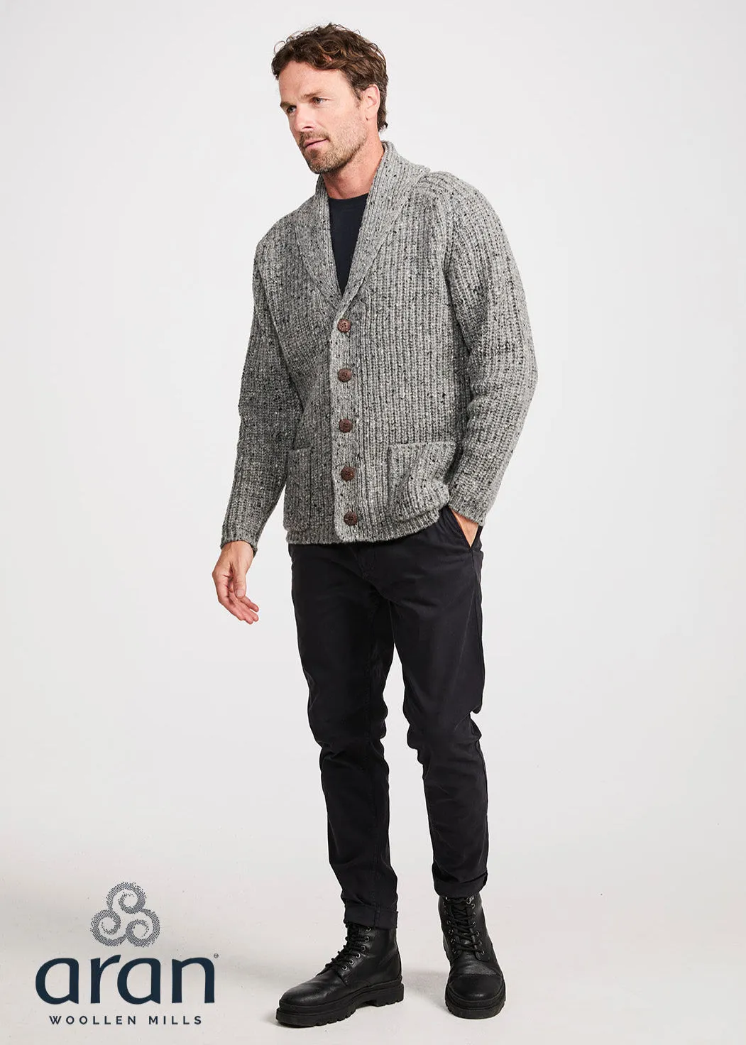 Men's Fisherman Rib Shawl Cardigan | Grey
