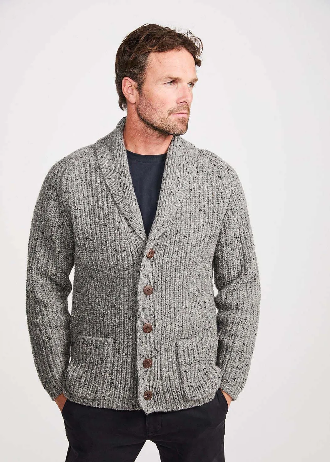 Men's Fisherman Rib Shawl Cardigan | Grey