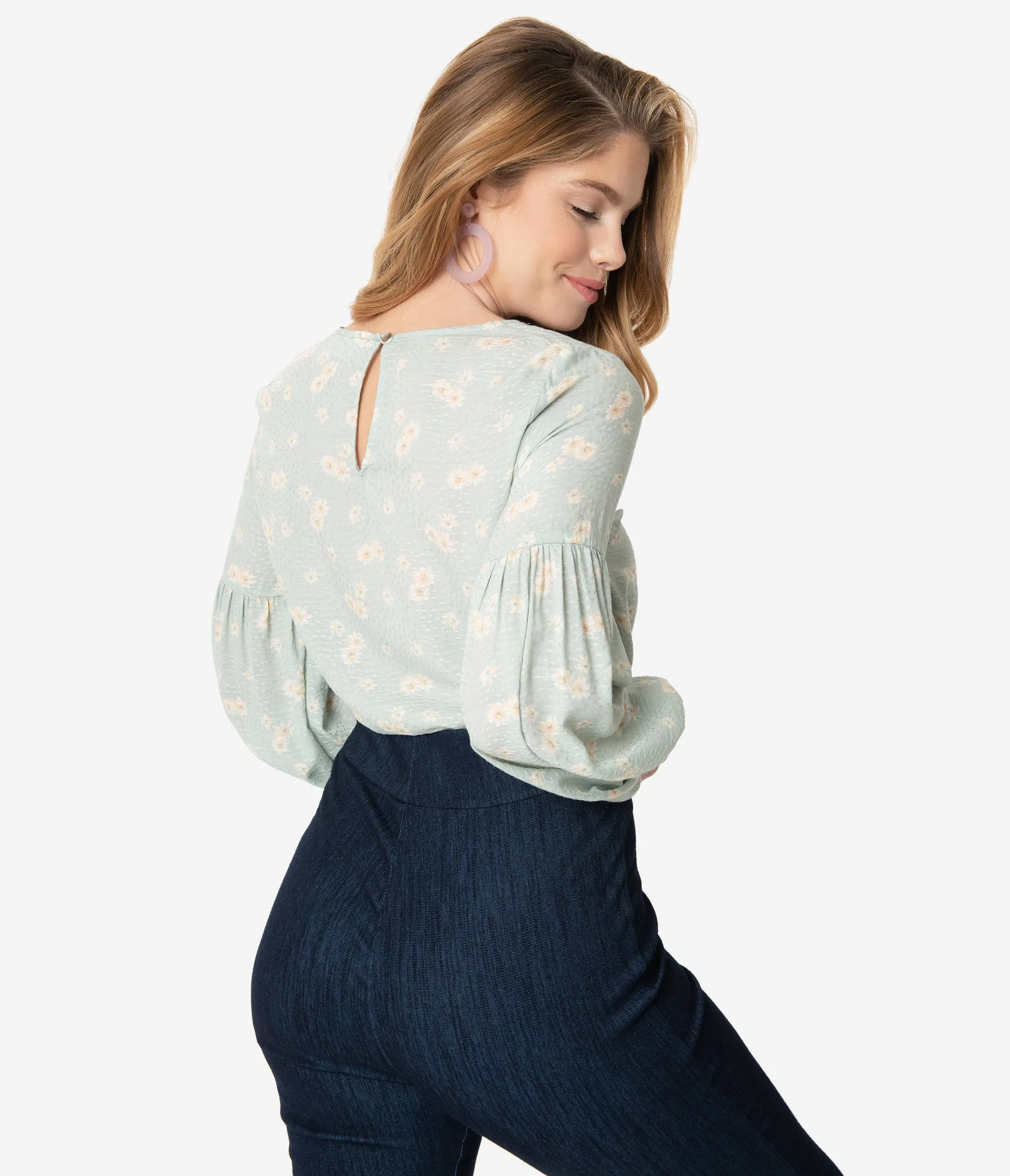 Mint Green Floral Peasant Sleeve Blouse