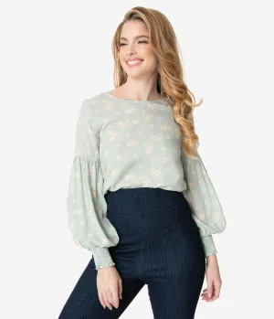 Mint Green Floral Peasant Sleeve Blouse