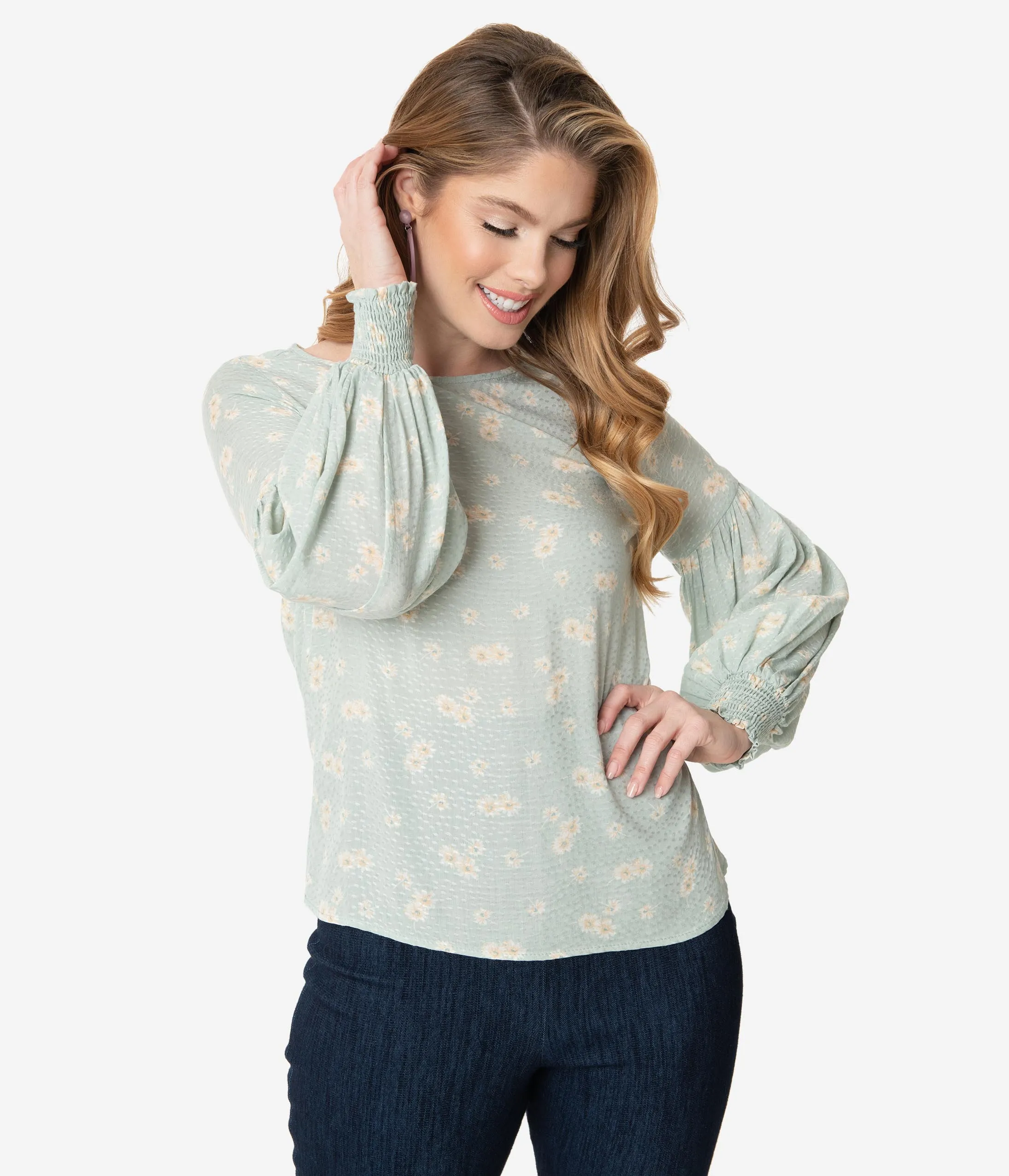 Mint Green Floral Peasant Sleeve Blouse