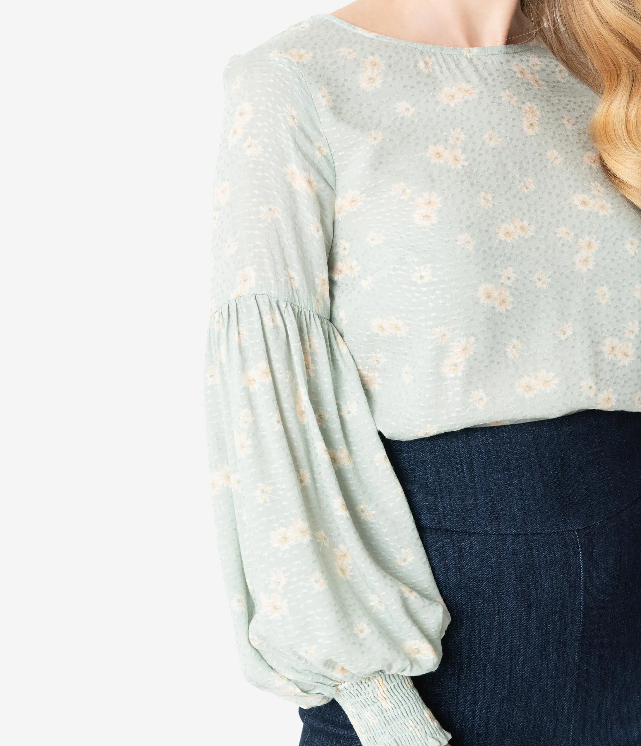 Mint Green Floral Peasant Sleeve Blouse