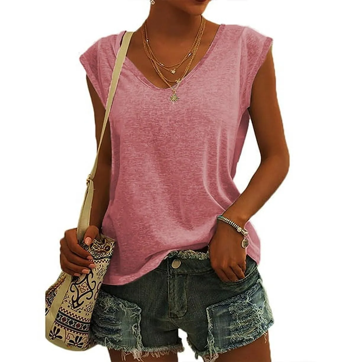 MOSHU V Neck Womens T-Shirts Basic Tops for Women Cap Sleeve Loose Tank Tops