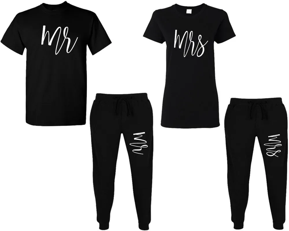 Mr & Mrs Couple Matching T-Shirts & Jogger Pants – 4-Piece Set: Men’s and Women’s Styles Sold Separately