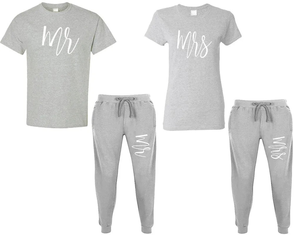 Mr & Mrs Couple Matching T-Shirts & Jogger Pants – 4-Piece Set: Men’s and Women’s Styles Sold Separately