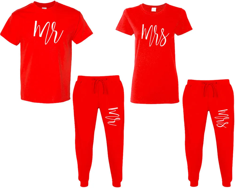 Mr & Mrs Couple Matching T-Shirts & Jogger Pants – 4-Piece Set: Men’s and Women’s Styles Sold Separately