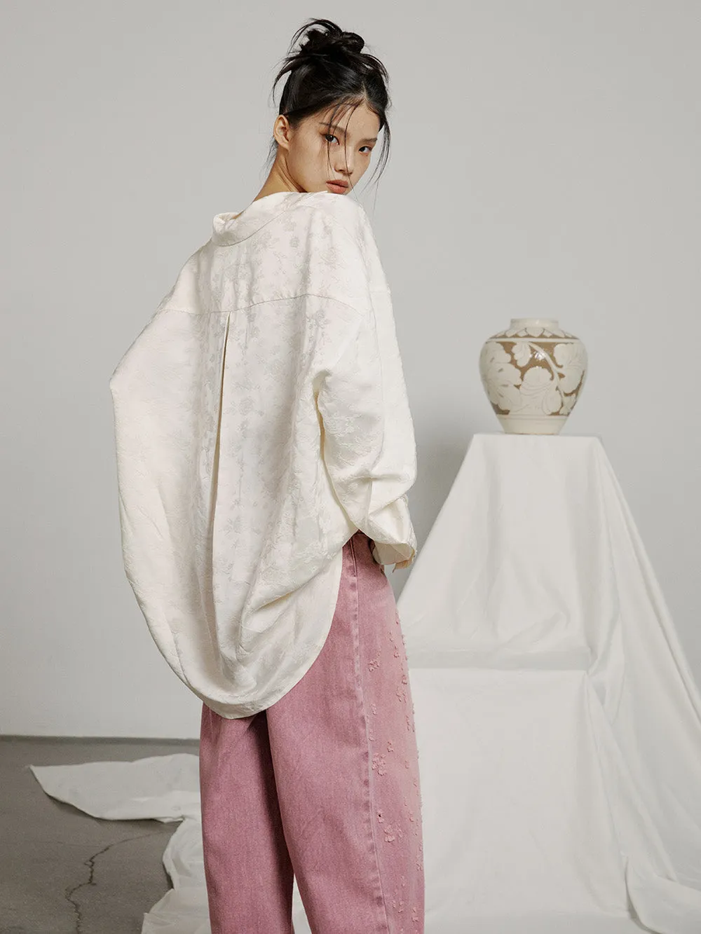 MUKZIN  V-neck Embroidered Solid Color Simple Versatile Shirt