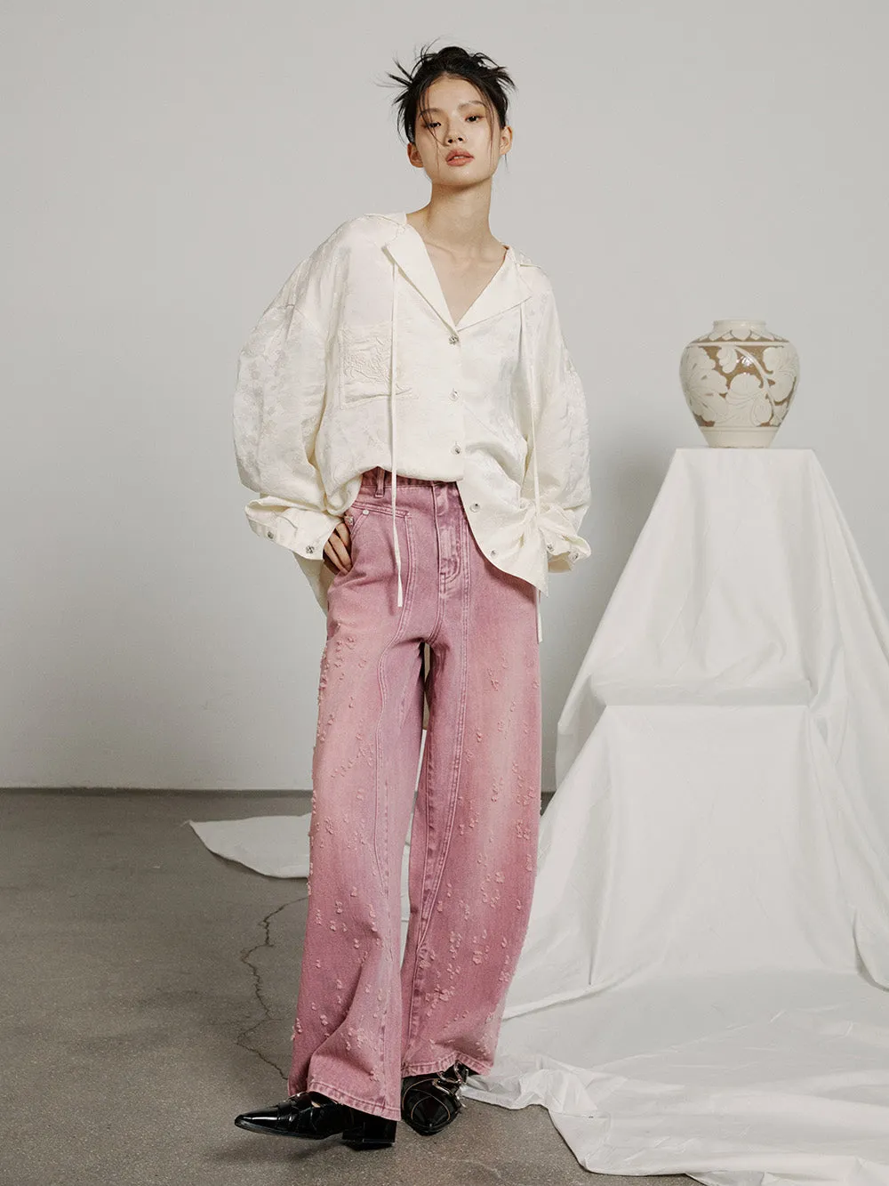 MUKZIN  V-neck Embroidered Solid Color Simple Versatile Shirt
