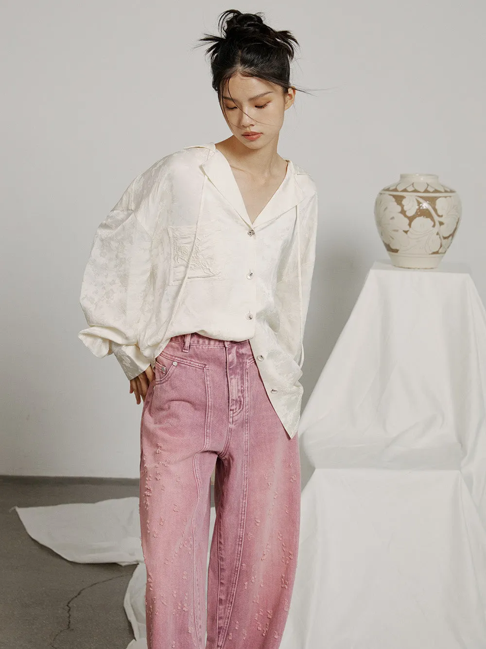 MUKZIN  V-neck Embroidered Solid Color Simple Versatile Shirt