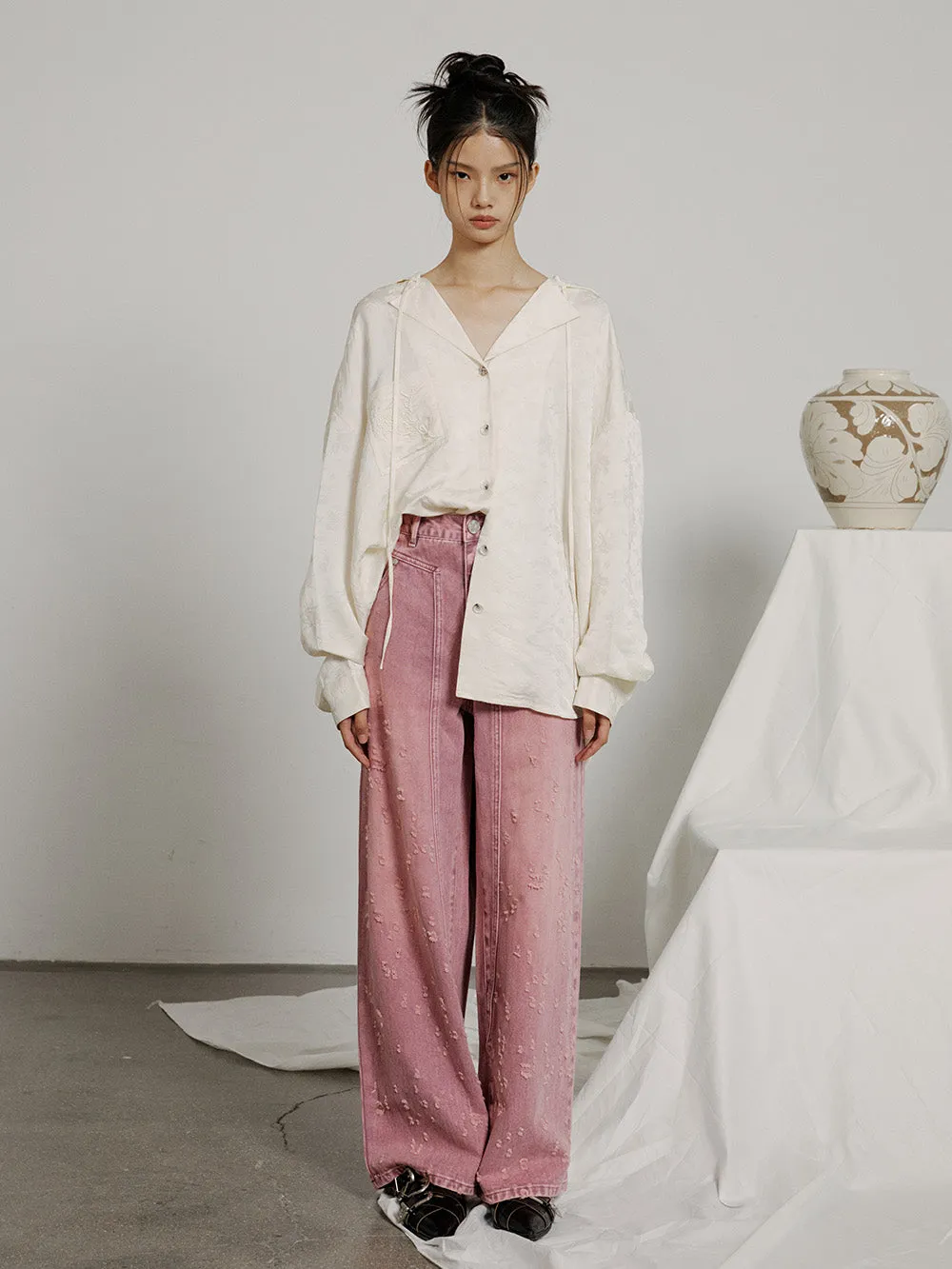 MUKZIN  V-neck Embroidered Solid Color Simple Versatile Shirt