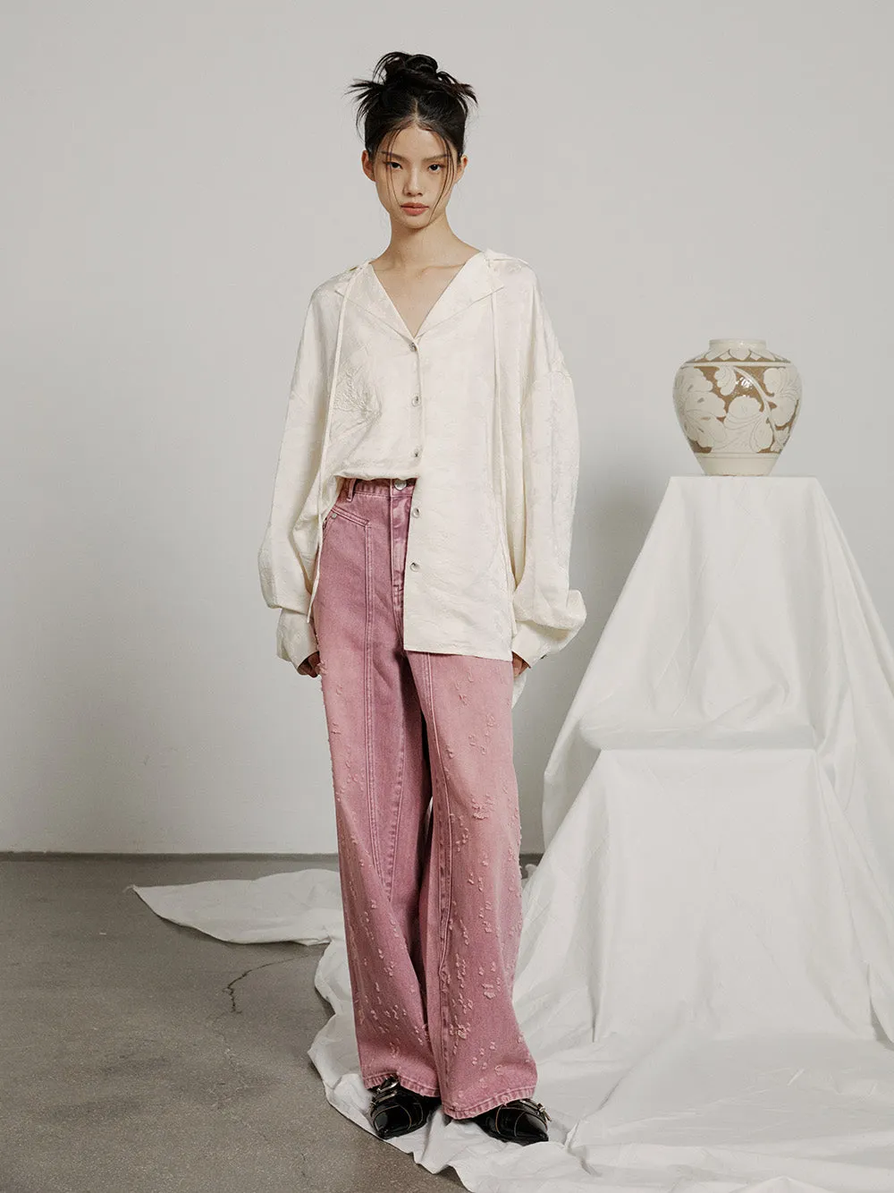 MUKZIN  V-neck Embroidered Solid Color Simple Versatile Shirt