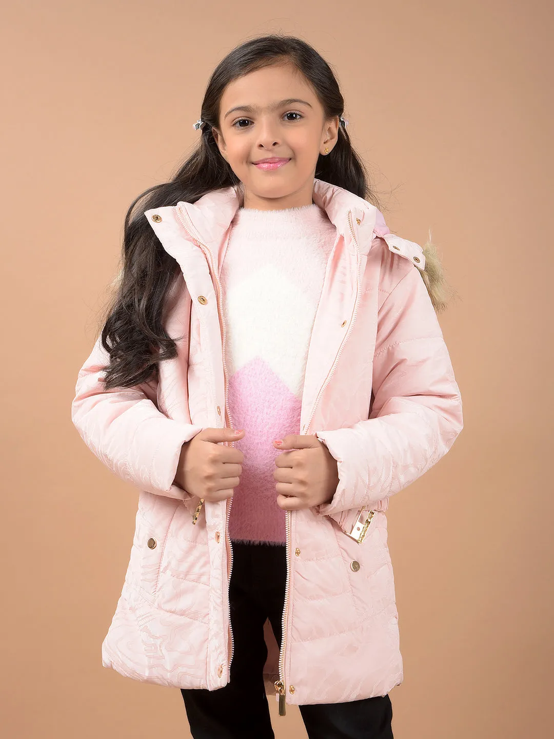 Peach Hooded Neck Padded Jacket